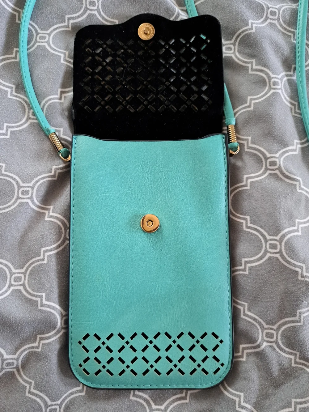 Womens Teal Crossbody Phone Bag with Laser-Cut Detail